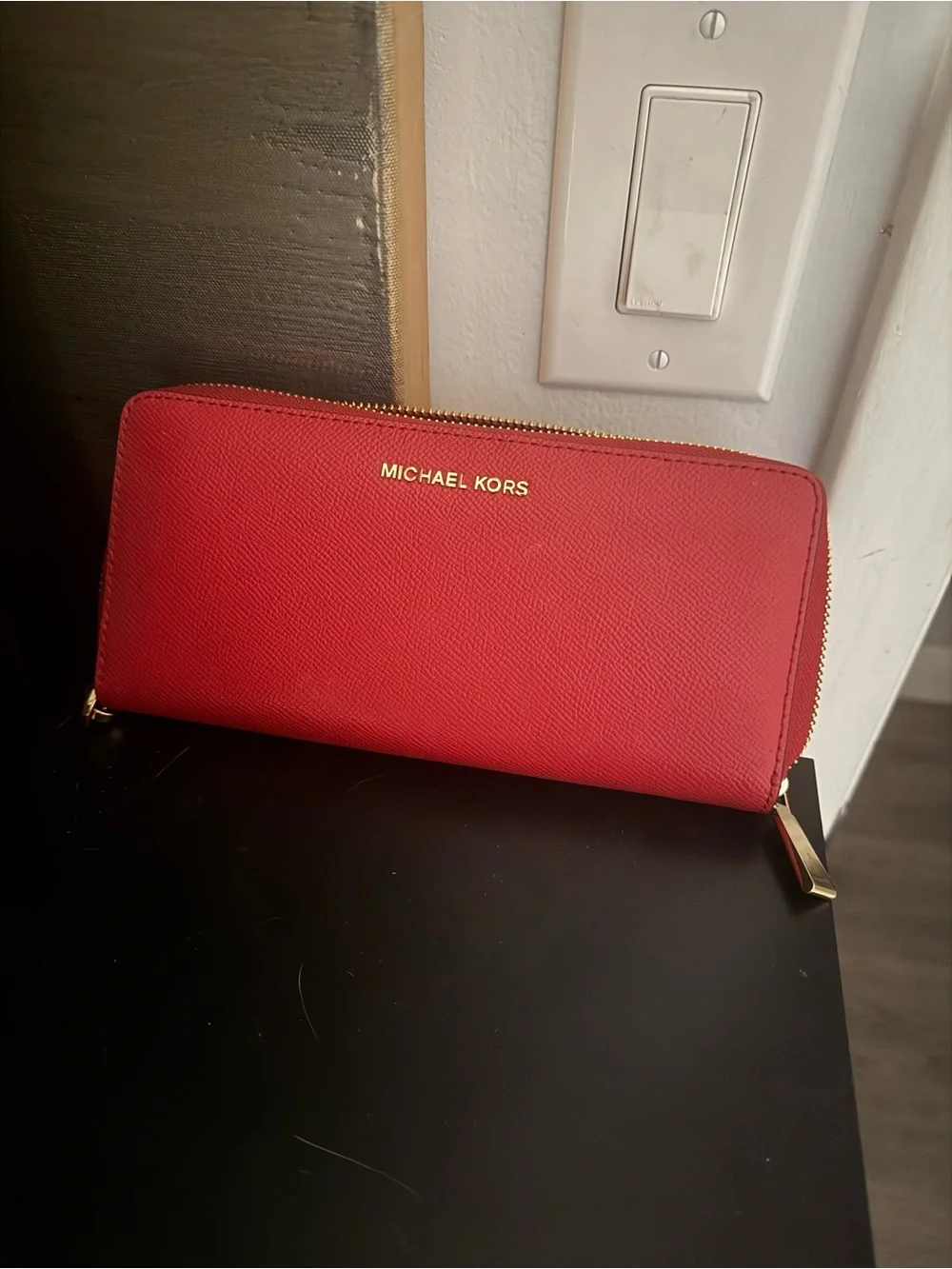 Michael Kors Red Saffiano Zip Wallet with Gold Hardware